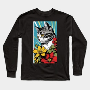 American Shorthair Cat Vibrant Tropical Flower Tall Retro Vintage Digital Pop Art Portrait 4 Long Sleeve T-Shirt